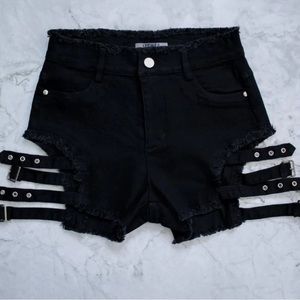 Black Jean Shorts with Adjustable Strap Details | Lychee the Label
